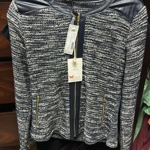 NWT size L THML Navy/off white Zip Up Sweater with PU leather trim